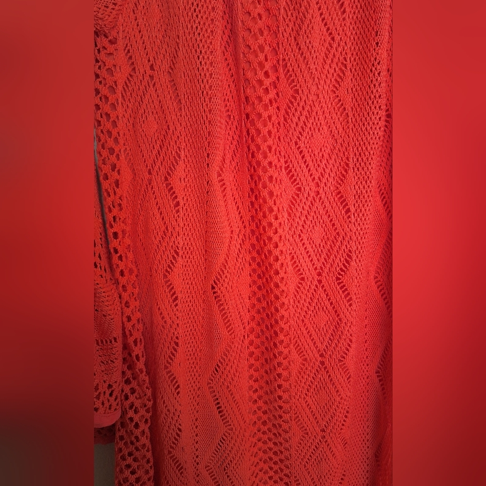 2tee Couture Bright Red Crochet Dress Size Large Open Flow Flutter Bell Sleeves - Picture 7 of 7